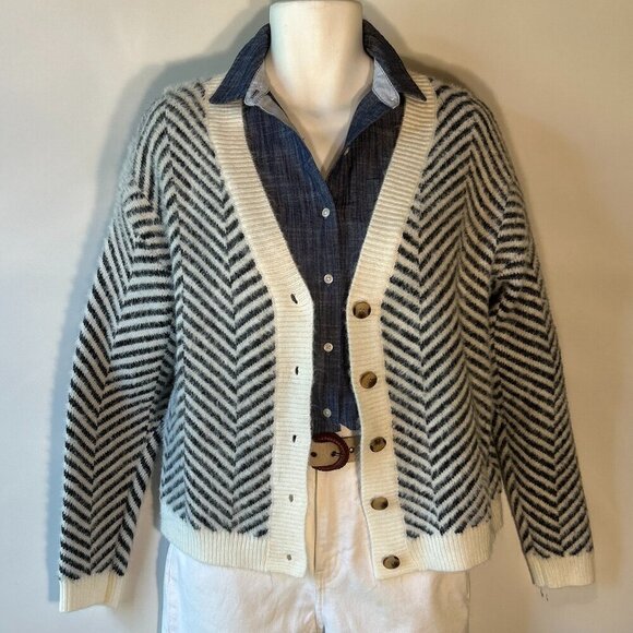 Sweater SZM Navy & White Boxy Cardigan Preppy Parisian Academia Old Money Sailor - Picture 2 of 7